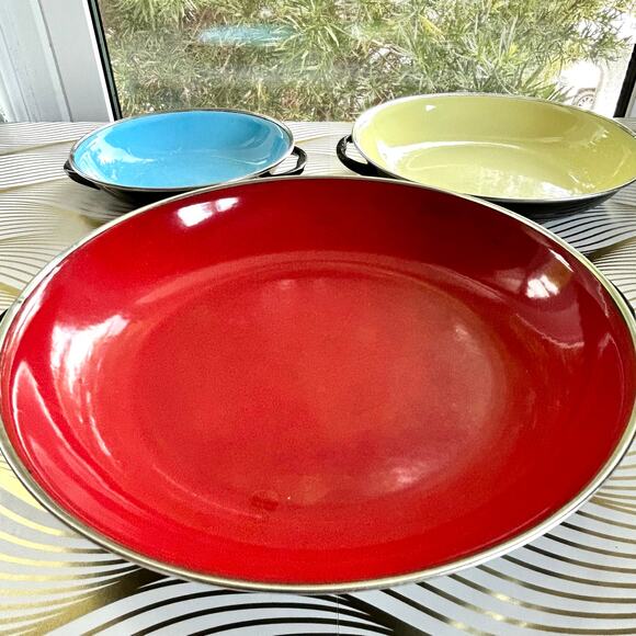 Vintage Mid Century Modern Emo Celje Double Handled Enamel Sauté Pans Set of 3 - Picture 3 of 16